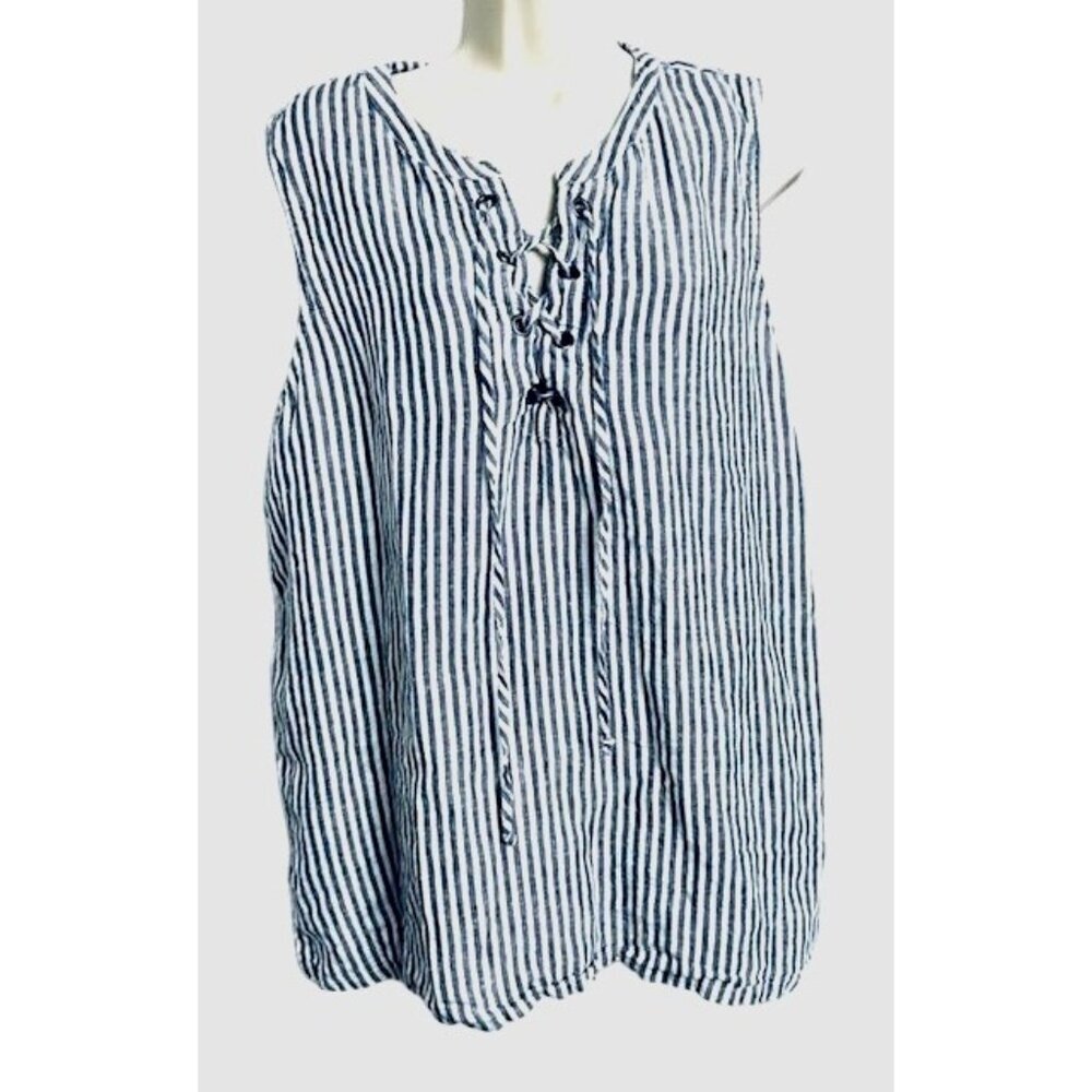 Christian Siriano 100% Linen Women Sleeveless Stripped Blue Adjust Front ties XL